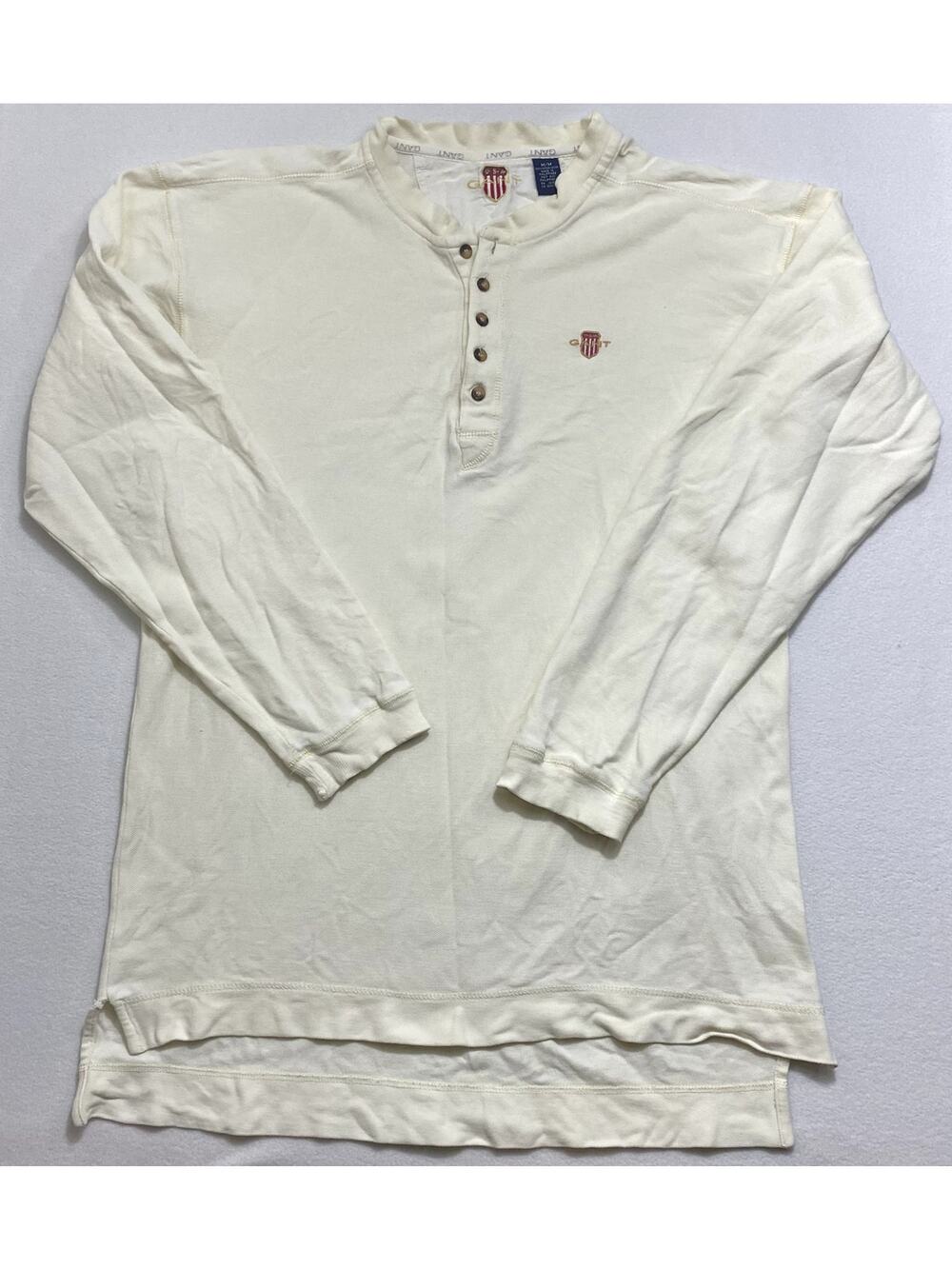 Vintage GANT USA Men's Henley Shirt Size M Off-White Cream Long Sleeve Logo